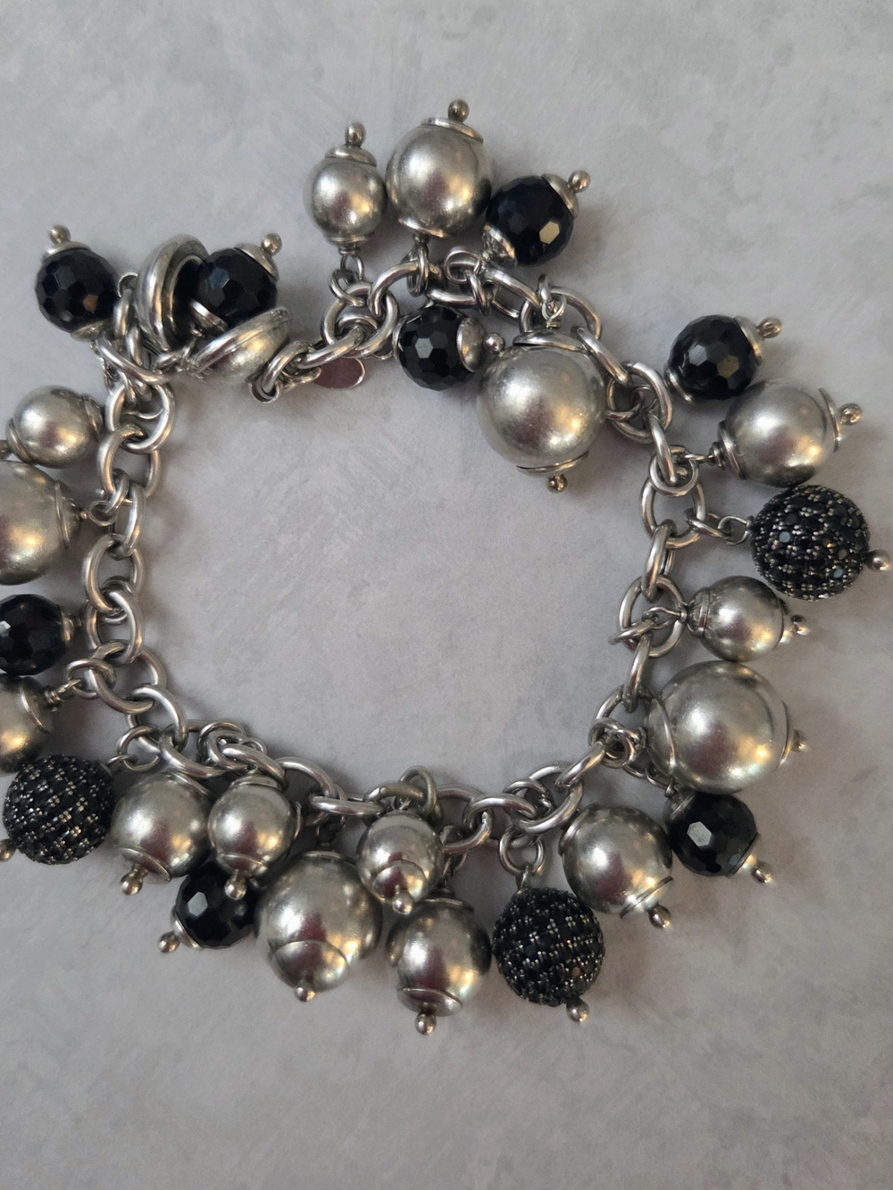 Milor Italy 925 Sterling Silver Black Beaded Charm Bracelet 8" Vintage